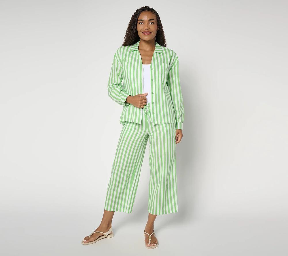 MUK LUKS Womens Collared Pajama XL 3-Piece Cloud Knit Kiwi Striped Loungeware